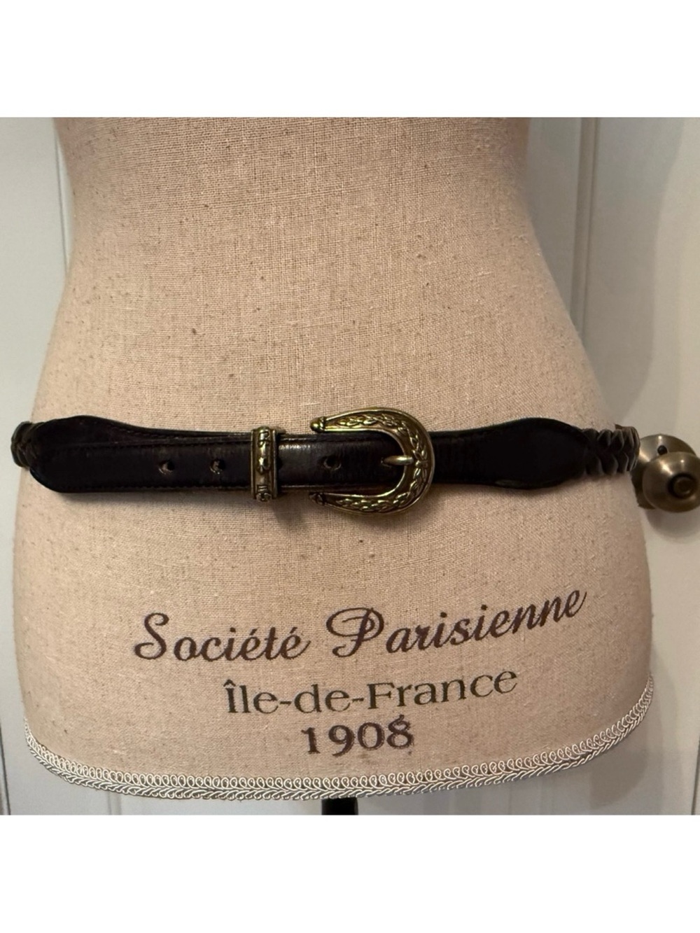 TALBOTS BELT SKINNY BLACK BRAIDED LEATHER GOLD TONE BUCKLE SIZE L VINTAGE